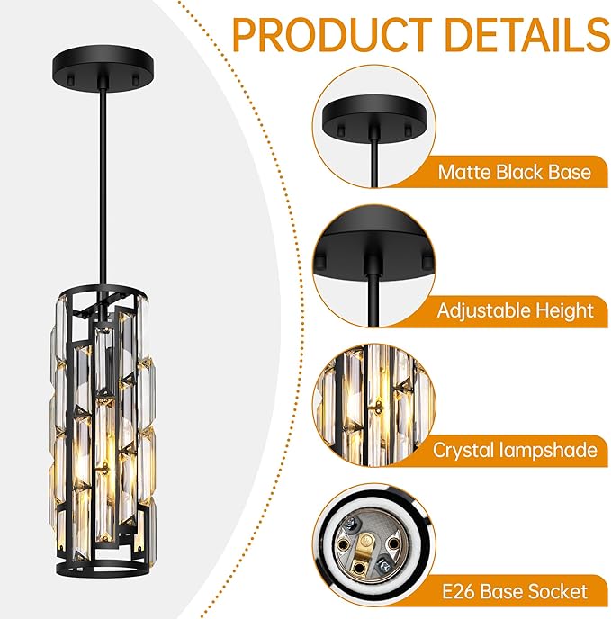 Black Pendant Lights Kitchen Island 2 Pack, Mini Crystal Chandeliers, Modern Pendant Lights Ceiling Lighting Fixtures for Kitchen Island, Dinning Room, Bedroom