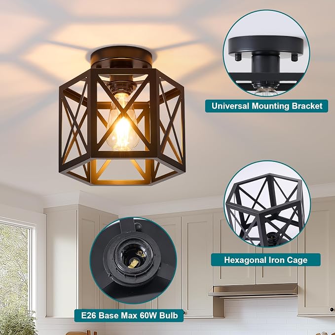 XSDeTu 2 Pack Farmhouse Semi Flush Mount Ceiling Light, Industrial Black Hallway Light Fixture, Small Metal Cage Close to Ceiling Lights for Kitchen Sink Porch Bedroom
