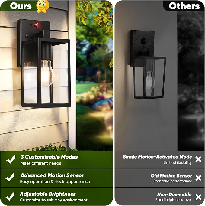 2-Pack 10.6” Upgraded Motion Sensor Outdoor Wall Lights, Black | Auto ON/OFF, 3 Lighting Modes, Waterproof, Rust-Resistant, Durable Metal & Clear Glass, Standard E26 Sockets, Easy to Install