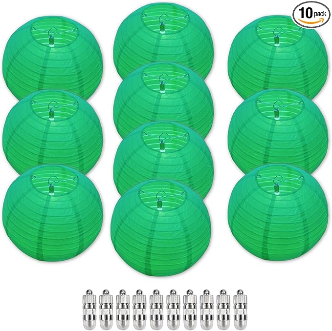 Chinese Paper Lanterns - Pack of 10, 10-Inch Pine Green Hanging Lights for Birthday Party Decorations, Ceiling Decor, Rainbow Classroom, Wedding, and Home Party