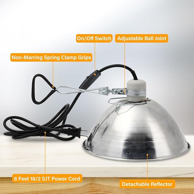Simple Deluxe Clamp Lamp Light Socket with 10.5 Inch Aluminum Reflector and Bulb Guard, Suit for Max 250 Watt Lamp (No Bulb Included) with 18/2-Gauge 6 Feet Cord, 1-Pack