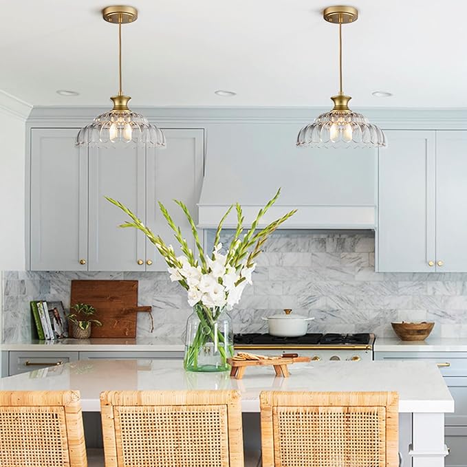 HYDELITE Vintage Gold Clear Glass Pendant Lights Kitchen Island | Brass Pendant Light Fixture Modern Hanging Light Fixture for Dining Room Bedroom Entryway