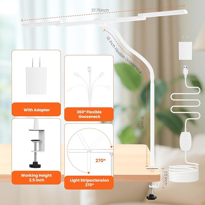 LED Desk Lamp for Office Home, Adjustable 3 Head Desk Light with Adapter | Computer Monitor Light with Clamp, Eye Caring Dimmable, Auto-off Timer Architect Desk Lamp for Reading Study Workbench White