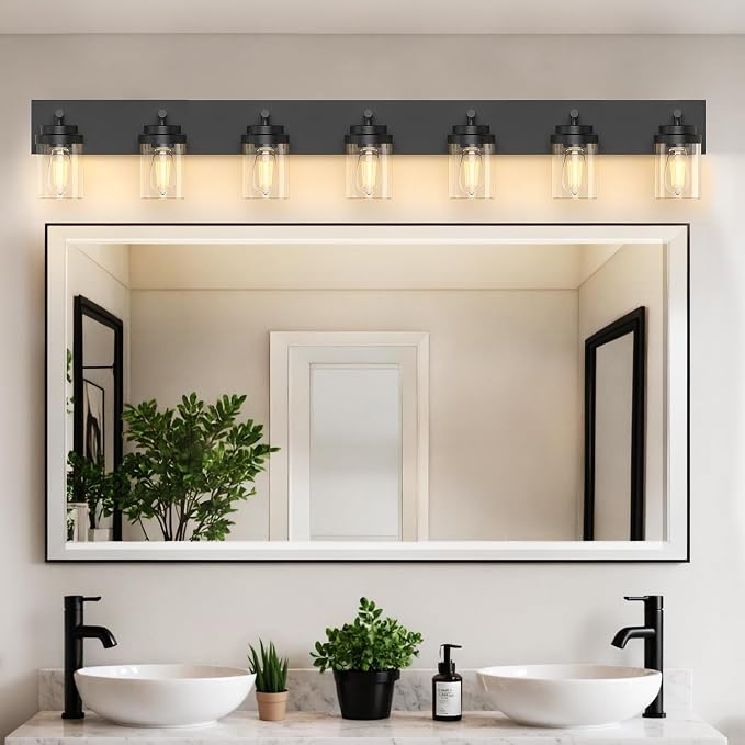 IZORRO Bathroom Vanity Light Fixture, 7-Light 52 inch Matte Black Bathroom Light Fixtures Over Mirror, with Clear Glass Shade, Modern Farmhouse Vanity Lights, Rustic Restroom Lighting Fixtures