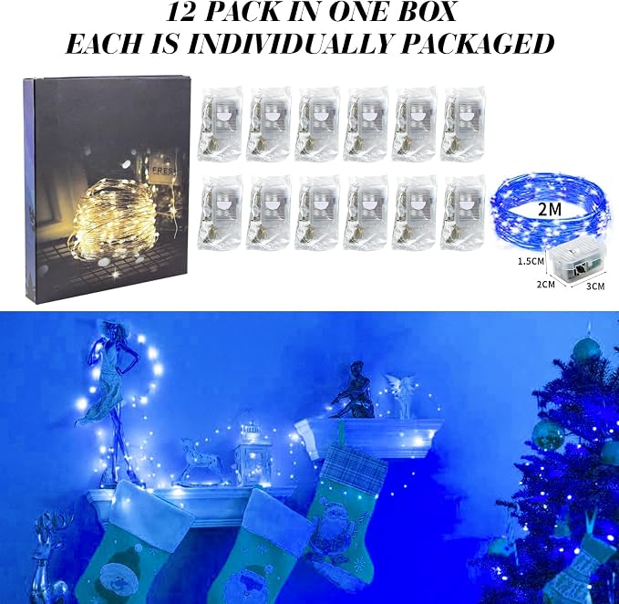 ZGWJ 12 Pack Blue Fairy Lights, Mini String Lights | Battery Operated 7 FT 20 LED Waterproof 3 Modes for DIY, Parties, Wedding, Halloween, Christmas Decoration