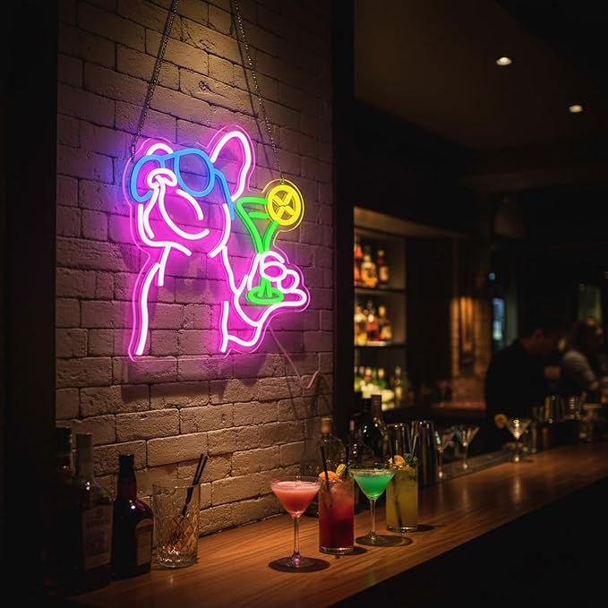 French Bulldog Neon Sign - Cool Dog Drinking Cocktail LED Neon Light for Wall Decor, Dimmable Funny Animal Neon Sign for Home Bar, Pub, Man Cave, Party, Unique Gift for Dog Lovers