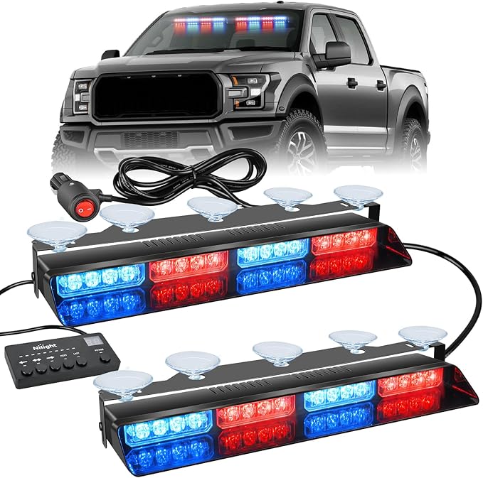 Nilight 32LED Red Blue Emergency Dash Strobe Lights with Controller | Suction Cups Warning Hazard Interior Front/Rear Windshield Deck Split Light Bar for Trucks Construction Vehicles