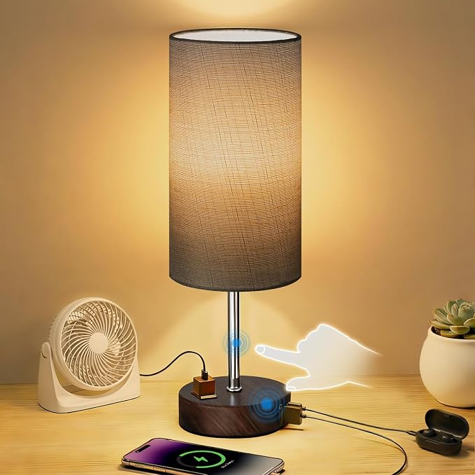 Table Lamp for Nightstand, High-Sensitivity Touch, 3-Level Dimmable Bedside Lamp with AC Outlet | USB | and USB-C, Ideal Night Stand Lamp for Bedroom (1, Grey&Walnut)