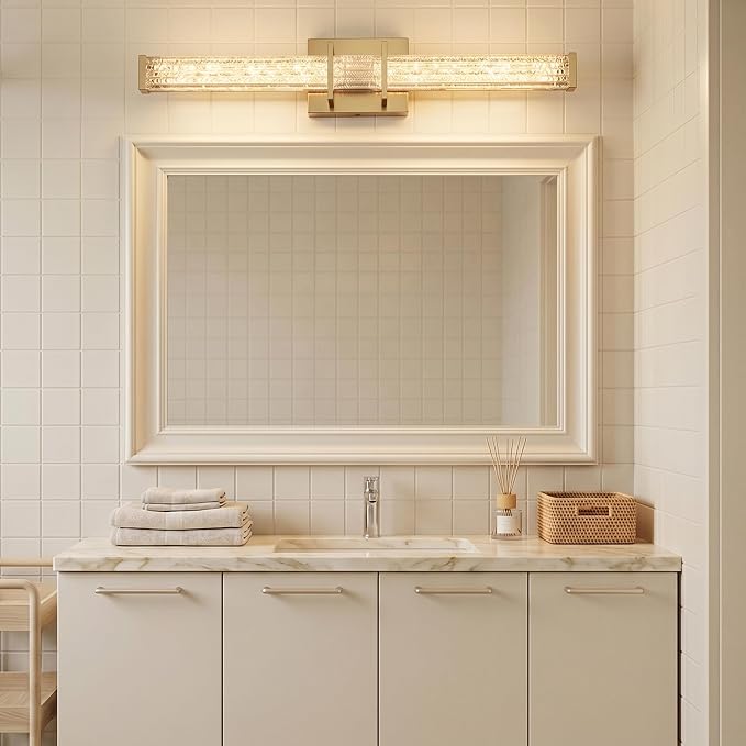 URSOLA 24" Modern LED Bathroom Light Fixtures, Golden 3CCT Dimmable Bathroom Vanity Light Over Mirror, Bathroom Vanity Bath Bar Lights with Crystal Acrylic Shade