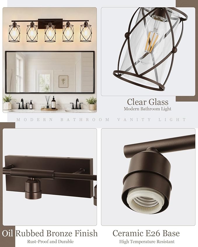 5-Light Oil Rubbed Bronze Bathroom Light Fixtures Over Mirror, 38" UL-Listed Modern Farmhouse Wall Sconce Lights with Clear Glass and Metal Cage for Bath, Hardwire E26, CH9176ORB-5W