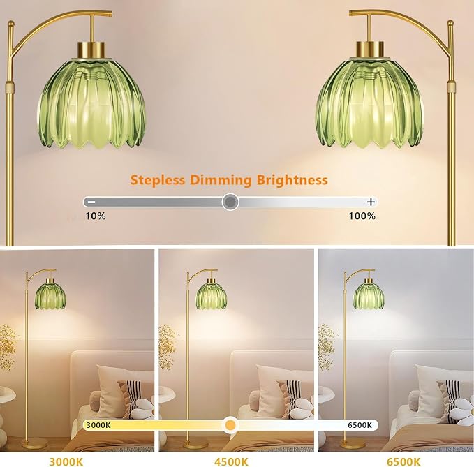 ILLMTW Glass Floor Lamp for Living Room,Bedroom,Gold Mid Century Modern Standing Lamp with Remote,Dimmable Brass Tall Lamp Vintage Tulip Green Arc Flower Floor Light Boho Bohemian
