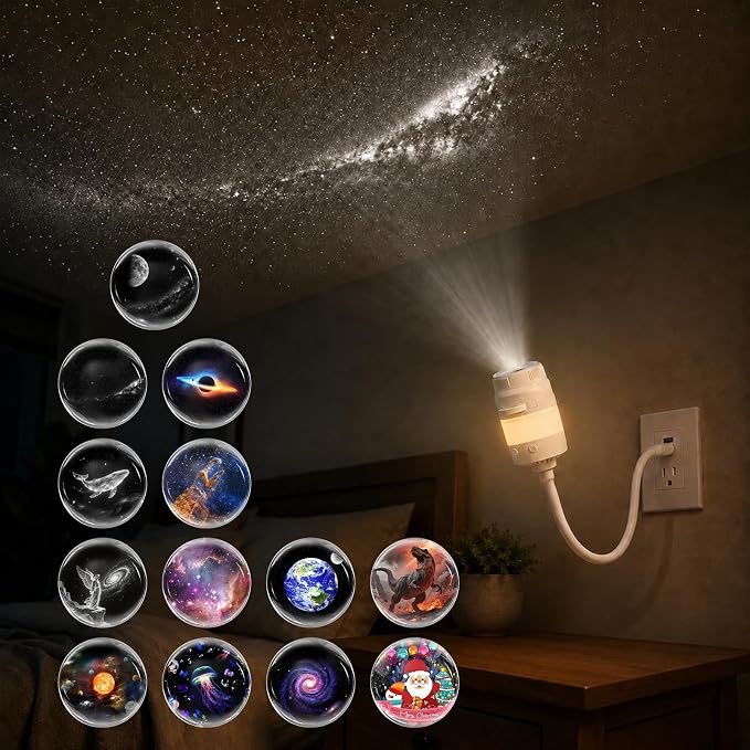 2-in-1 Galaxy Projector Night Light with 13 Films, USB Star Projector | Multicolour LED Light, 360° Rotating Projection, Adjustable Brightness, Easy Controls, Eye-Friendly Light, Ideal for Bedroom