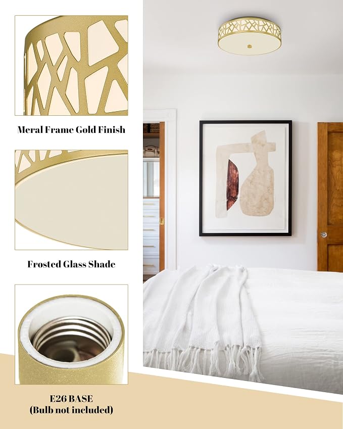 2 Pack Flush Mount Ceiling Light, 12 inch Gold Ceiling Light, 2-Lights Lights Fixture Ceiling Mount with Frosted Glass Shade for Hallway, Kitchen, Bedroom,Foyer,Entryway