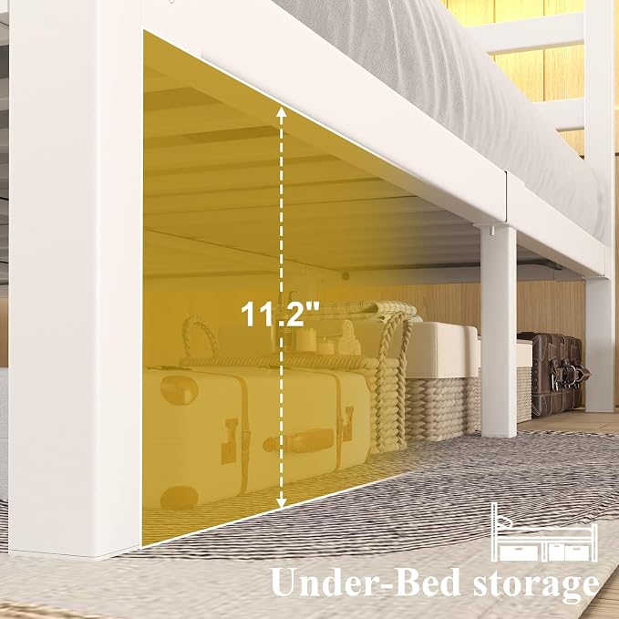 LOEWAY King Size Metal Bed Frame with Storage Headboard & LED Lights, White | Built-In Charging Station, Under-Bed Storage, Heavy Duty Metal Slats, No Box Spring Needed, Solid and Stable, Easy Assembly