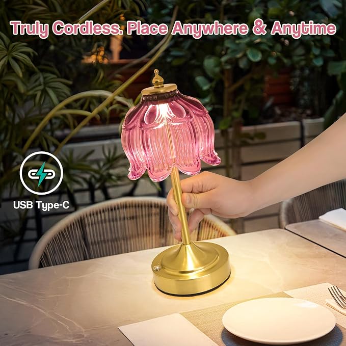 Cordless Table Lamp, Rechargeable Purple Glass Lotus Flower Lamp | 5200mAh touch lamp with 3 color modes and stepless dimming, battery operated lamp for nightstands and kitchen counters