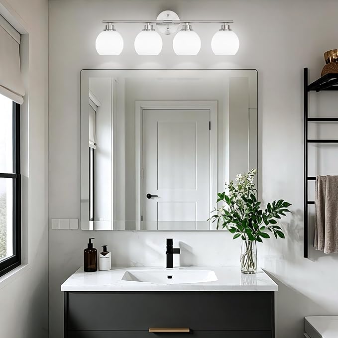 Brushed Nickel Bathroom Light Fixtures, 4-Light Vanity Light Over Mirror | Modern Bathroom Lighting Over Mirror, Wall Sconces, Milky White Globe Glass Shades, E26 Socket,ETL Listed