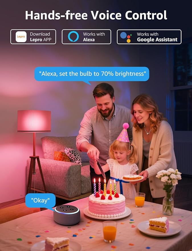 Lepro B3 AI Smart Light Bulbs - 1500LM 100W Equivalent A21 Bulb, WiFi & Bluetooth RGBWW Color Changing, Works with Alexa & Google Assistant, AI Voice Control by App, Music Sync, 2.4GHz Only (4 Pack)