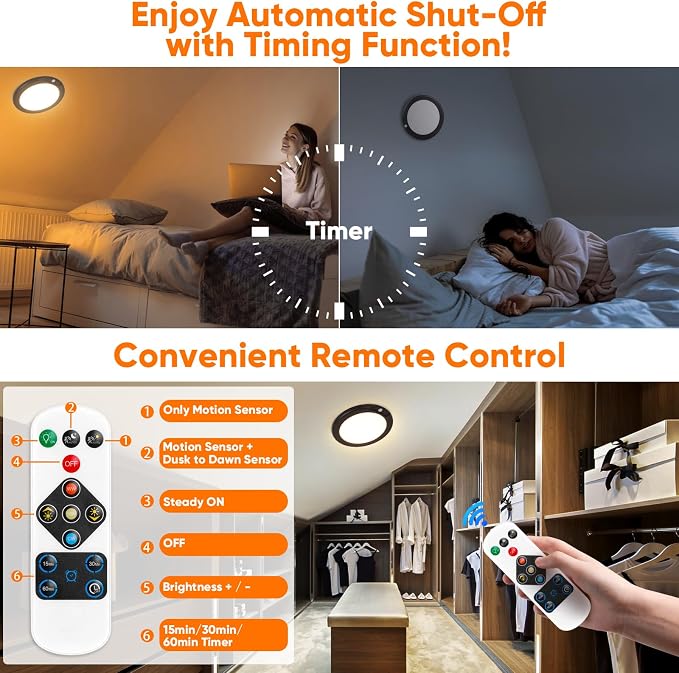 Rechargeable Motion Sensor Ceiling Light, Battery Operated Closet Light | Wireless Battery Powered LED Shower Light, Magnetic Cordless Ceiling Light with Remote, Overhead Lamp for Pantry,Black,2-Pack