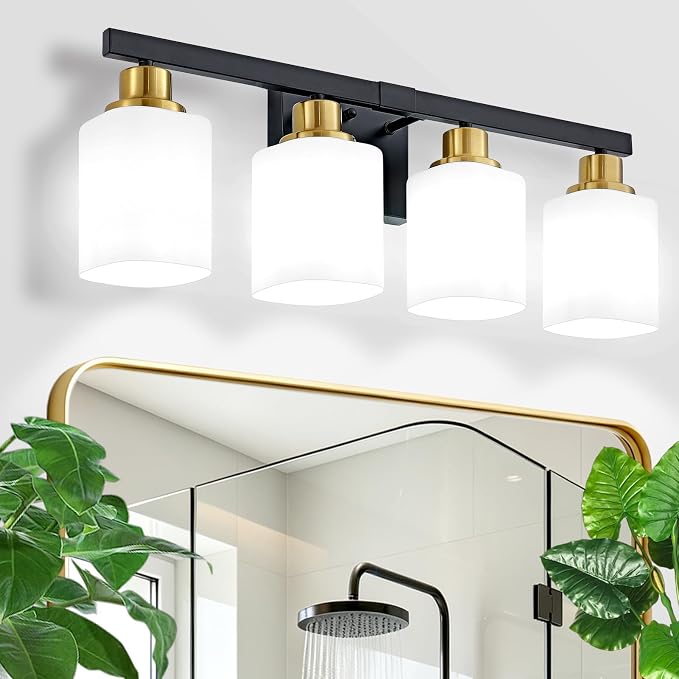4-Light Vanity Light for Bathroom,Black and Gold Bathroom Light 24" | Bathroom Light Fixture with Square Frosted Glass, Wall Sconces fixtures Over Mirror Sink Restroom,Living Room Hallway