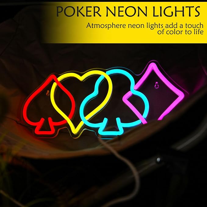 Poker Neon Sign Dimmable Playing Card LED Neon Light for Wall Decor | USB Powered Poker Neon Light for Casino Theme Decor, Man Cave, Game Room, Bar, Bedroom, Gift for Poker Players & Card Gamer