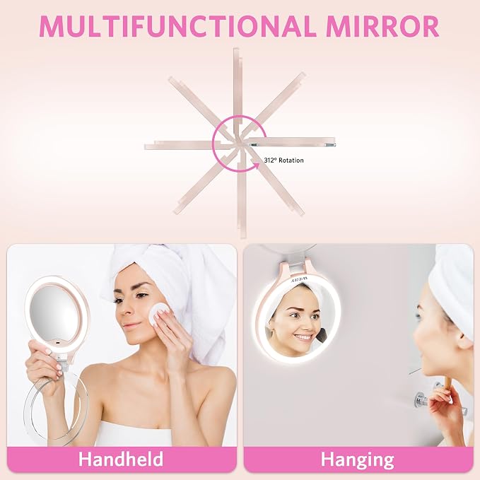 WEILY Magnifying Makeup Mirror 10X/1X, Travel Mirror with Light | Double Sided Rechargeable Mirror with 3 Color Lights for Makeup, Tweezing, Blackhead and Come Done Removal (Pink)