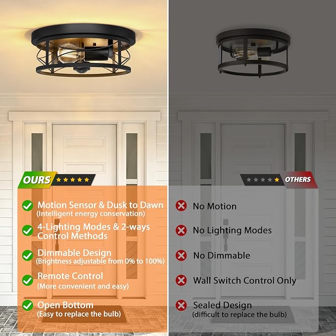Motion Sensor Outdoor Ceiling Light, Dusk to Dawn Flush Mount Light Fixture | 3 Smart Lighting Modes, Upgraded Motion Sensor with 360° PIR Detection for Outside Patio Hallway Driveway Garage Exterior