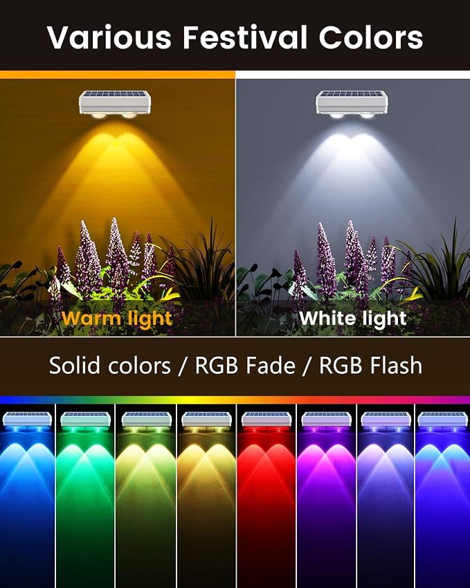 JOFIOS Solar Fence Lights Outdoor Waterproof, 80 Lumens Solar Lights for Fence with Warm White & RGB 8 Colors,Outdoor Solar Light for Deck, Patio, Backyard, Fence, Railing (8-Pack-White)