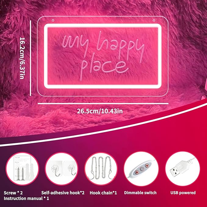 My Happy Place Neon Sign,Dimmable Pink LED Neon Signs for Wall Decor, USB Powered LED Letter Neon Signs, 3D Art Carving Design Light for Christmas Party Wedding Living Room Birthday Gift