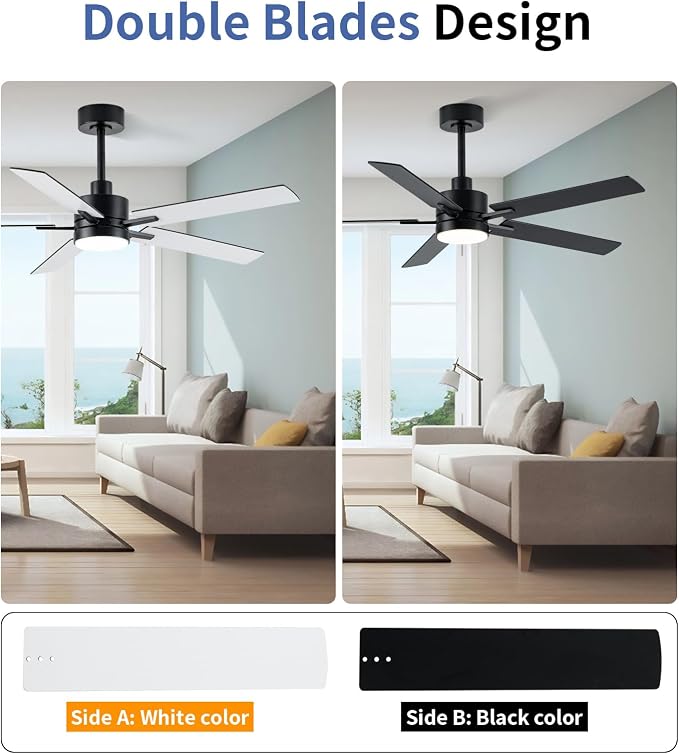 LANMEL Metal Ceiling Fan with Lights and Remote, 52 Inch, Black | Modern Low Profile Flush Mount, Reversible, 3CCT Dimmable, Quiet, LED, For Bedroom, Living Room, Indoor/Outdoor Patio Use