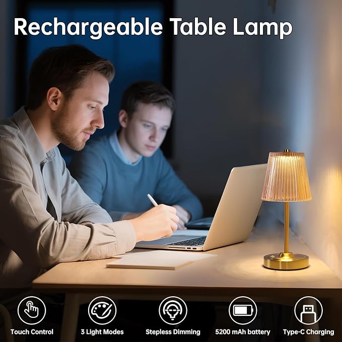 Shenmoyl Set of 2 Cordless Touch Table Lamp with 5200mAh Battery - 3 Adjustable Color Temperatures & Dimmable, Rechargeable Lamp for Bedsides, Living Room, Entryway, Bookshelves (Amber Stripe)
