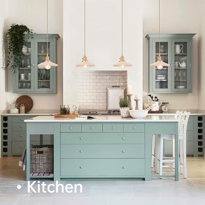 Shenmoyl Pendant Light with Pink Pleated Ceramic Lmapshade, Brass Vintage Pendant Light Adjustable Hanging Light for Kitchen Island Dining Room Hallway