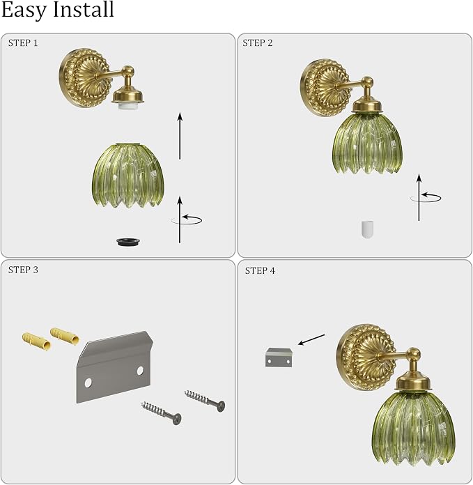Battery Operated Wall Sconce, Vintage Wall Light, 2 Pack, Green Tulip Glass | Gold Metal Base, 5200mAh Rechargeable, Dimmable LED, Remote Control, Cordless, Bedside, Bedroom, Doorway, Living Room