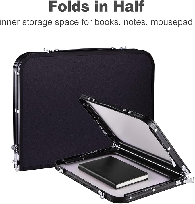 Foldable Laptop Desk, Portable Bed Table with Hidden Storage, Black | 23.6 x 15.3 in Work Surface, Hidden Storage, Aluminum Frame, Anti-Slip Feet, Carry Handle, Safety Locks