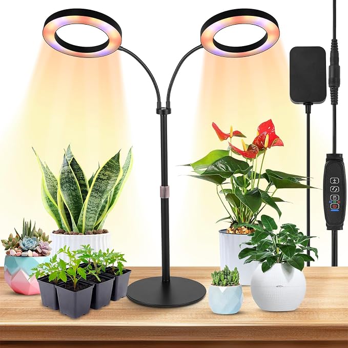 Grow Lights for Indoor Plants, 2-Head Full Spectrum & 3/9/12H Timer, Black | 144 LEDS Plant Light, 10 Dimmable Levels Indoor Plant Light, Flexible Gooseneck, 14"-23" Height Adjustable, Metal Base