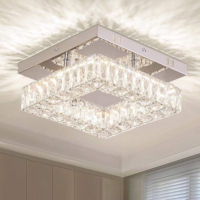 9.8" Modern Crystal Ceiling Light Fixture Mini Square Chandelier Flush Mount Light Fixture Ceiling Lamp for Small Hallway Foyer Entryway Bedroom,3 Colors Adjustable