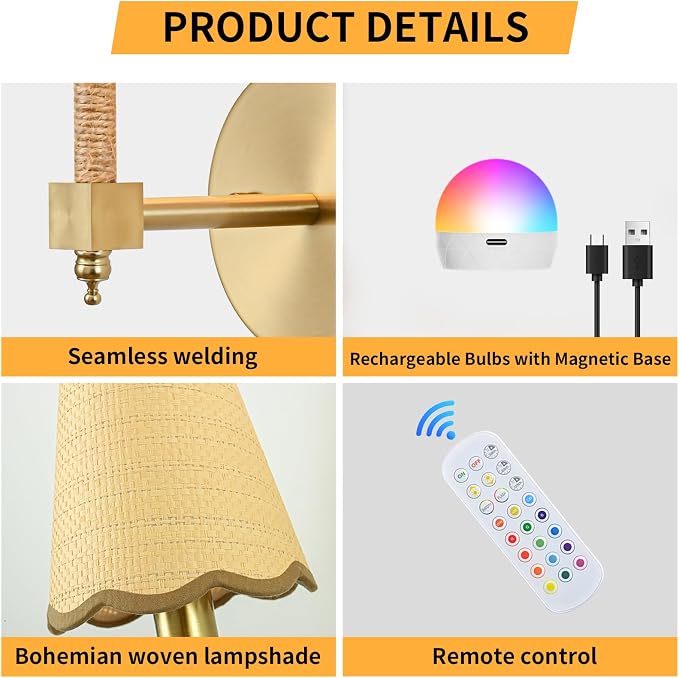 Boho Battery Operated Wall Sconce Set of 2, Medium Wireless Rechargeable Wall Lights with Rattan Shade, 12 RGB and 3CCT Dimmable Cordless Wall Lamps with Remote for Living Room