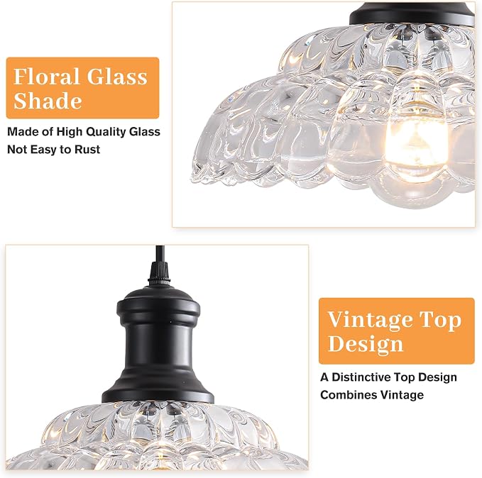 Vintage Pendant Light Kitchen Island, Black Pendant Light Fixture with Flower Clear Glass Shade, Antique Pendant Lamp for Dining Room, Living Room, Bedroom, Kitchen Island Sink