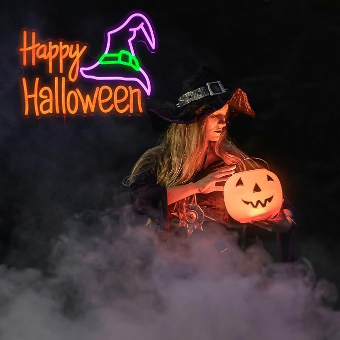 Happy Halloween Neon Sign Mysterious Purple Green Hat LED Neon Light for Wall Decor Dimmable USB Powered Halloween Light Up Sign for Halloween Decor Home Spooky Party bedroom Decor(16.5 * 12.6 In)