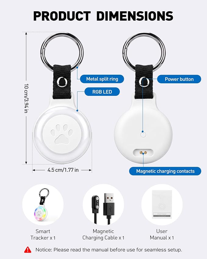 Pet Tracker for Cats and Dogs, Works with Apple Find My, No Monthly Fee | Compatible with iPhone,IPX7 Waterproof, RGB LED Night Light, Paw Print Design, 360-Day Battery, Lightweight Pet Collar Tag