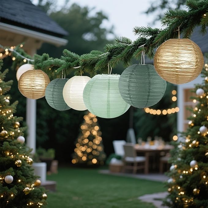 Green White Gold Paper Lanterns, 12Pcs Chiese Lanterns for Birthday Baby Shower Gender Reveal Wedding Party Decoration