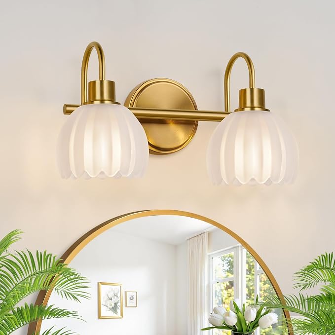 2-Light Bathroom Vanity Light, Brushed Gold Bathroom Light Fixtures with Ribbed Frosted Clear Tulip Glass Shades, Vanity Light Fixtures Over Mirror for Bedroom, Living Room, Hallway