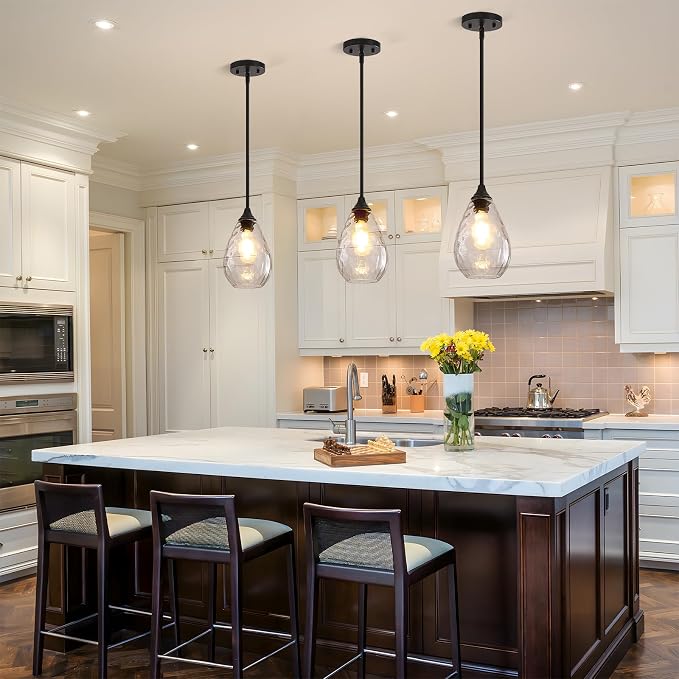 Black Pendant Lights Kitchen Island 2 Pack, Modern Glass Pendant Light Fixtures with Hammered Glass and Rods, Adjustable Small Hanging Light for Kitchen Sink Dining Room Bathroom