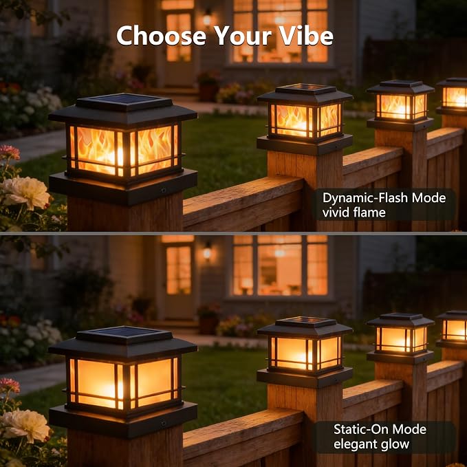 8 Pack 4x4 Post Solar Lights Outdoor with Flickering Flame, Fence Post Solar Lights Fit for 3.5x3.5 4x4 Wooden Vinyl Posts, Waterproof Solar Lights for Deck, Fence, Patio, Yard Decor (Black)