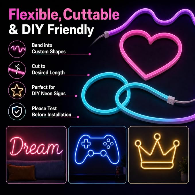 Neon Rope Light 50FT, Flexible RGB Neon LED Strip, IP65 Waterproof | Control with App/Remote, Multi Modes, Music Sync LED Rope Lights for Bedroom, Game room, Party, Patio, Indoor Outdoor Decor
