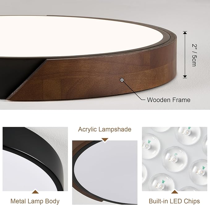 Modern LED Ceiling Light, Dark Walnut Wood Minimalist Flush Mount Ceiling Light Fixture, Dimmable Circle Lighting Lamp with Acrylic Lampshade for Bedroom Hallway Kitchen 15.8"