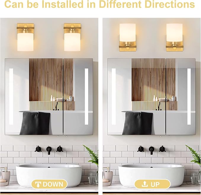 Modern Bathroom Light Fixtures Over Mirror, Vanity Lights for Bathroom Wall Sconces with Milky White Glass Shades, E26 Socket (Bulbs Not Included), 1 Light, Brass