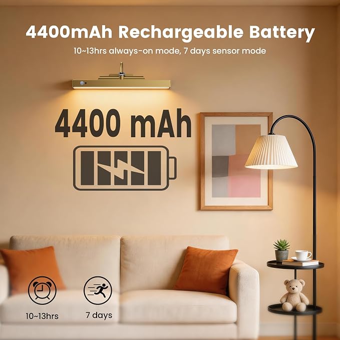 Rechargeable Motion Sensor Picture Light for Wall, 12 Inch, Brass, 1 Pack | Cordless, Magnetic Detachable Bar, Remote Control, 3CCT Dimmable, 4400mAh, for Artworks Paintings