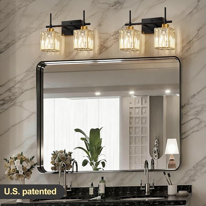 Torondo Modern Crystal Bathroom Vanity Light 2-Lights Gold Bathroom Light Fixtures Over Mirror Black and Gold Vanity Lighting Fixtures Gold Square Shade Brass Wall Sconce (Bulbs Not Include)