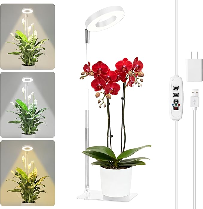 White Grow Lights for Indoor Plants Full Spectrum, 48 LEDs Plant Light for Indoor Plants, Height Adjustable, Small Halo Growing Lamp with Base, Auto Timer 3/9/12H, 3 Light Spectrums,10 Brightness