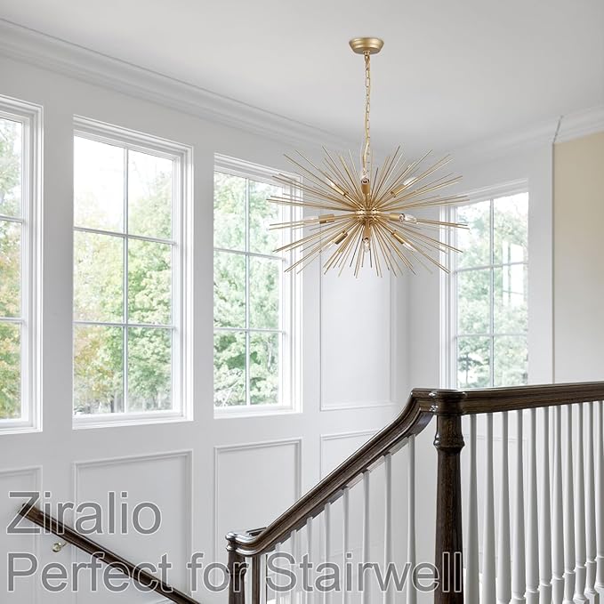 29" Modern Sputnik Chandelier 9-Lights Mid Century Modern Starburst Golden Chandelier Luxury Gold Solid Metal Sputnik Satellite Chandeliers for Dining Room, Kitchen Island, Bedroom